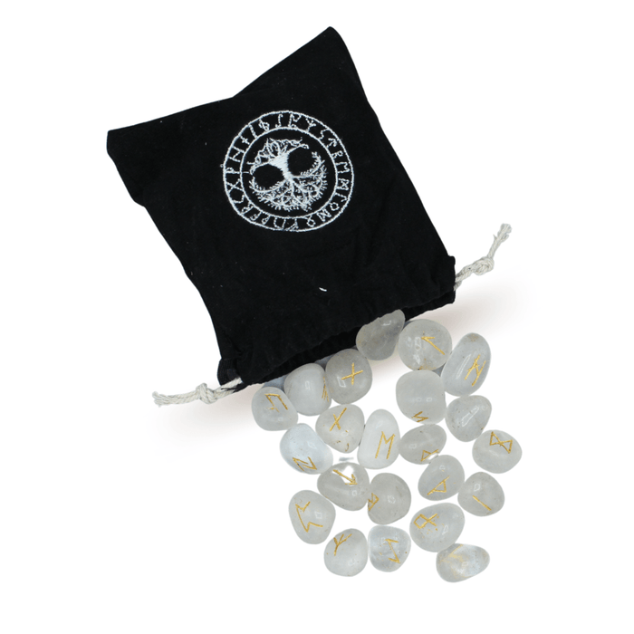 Vuorikristalli Rune Viking -riimusetti samettipussissa (25 kpl)