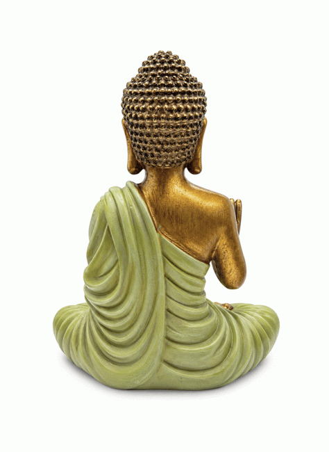 Abhaya Buddha patsas tummanvihreä ja kulta 31 cm