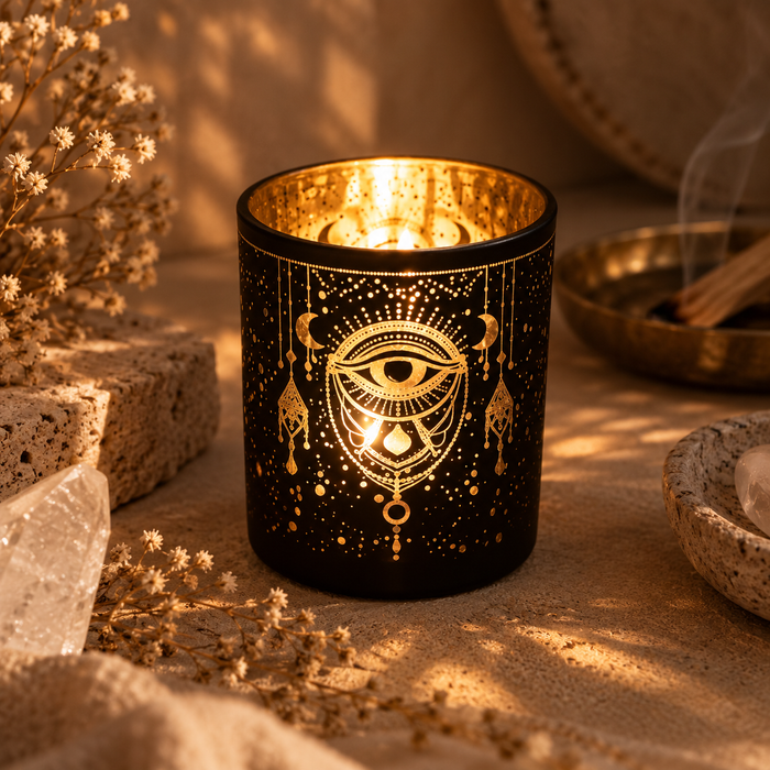 Mystical Eye of Providence -kynttilälyhty lasia 10x12,5 cm