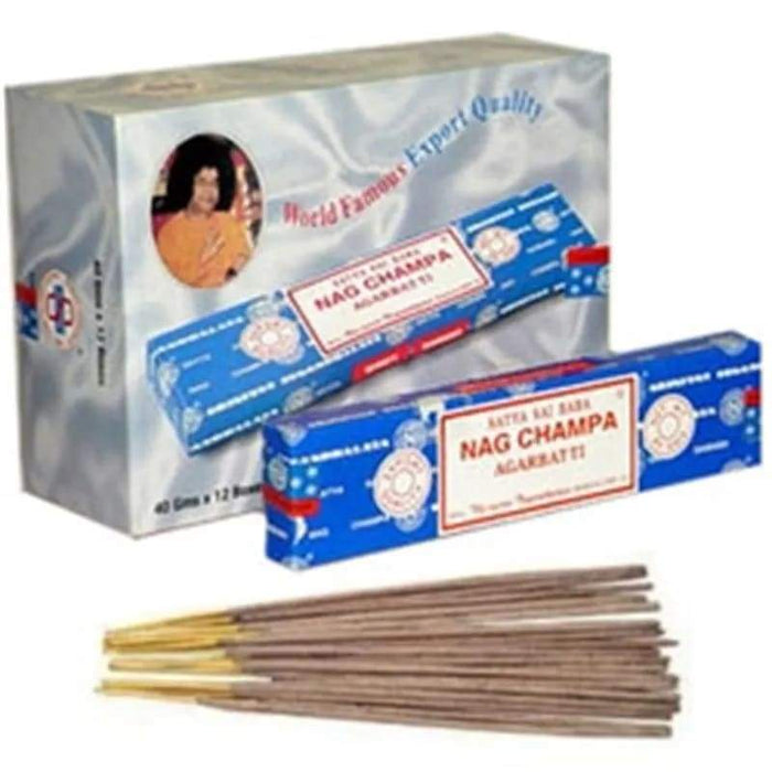 Sai Baba Nag Champa Agarbatti suitsuketikku 40 g – Satya – tuotepakkaus